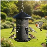 Zooprinz Futterstation Premium XL Vogelfutterspender mit Sitzringen Vogelfutterhaus, Stahlseil, witterungsbeständig und langlebig, Metall Futtersilo