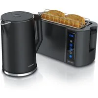 Arendo Frühstücks-Set Edelstahl Wasserkocher 1,5l, 4-Scheiben Langschlitz Toaster, schwarz (2-tlg), Wasserkocher mit Temperatureinstellung, Toaster Brötchenaufsatz, Touch