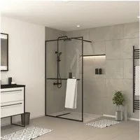 Marwell Walk-in-Dusche Black Frame Shelf, Einscheibensicherheitsglas, mit ausziehbarem Handtuchhalter, hochwertige Aluminiumrahmen