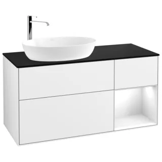 Villeroy und Boch Finion Waschtischunterschrank F932GFGF 120cm, Abdeckplatte black matt, Regale Glossy white lacquer, Glossy white lacquer