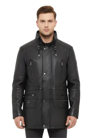 Herren Parka aus weichem italienischem Leder, Schwarz, Gatton