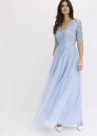 bonprix Abendkleid aus zartem Tüll mit Paillettenstickerei, blau, Gr.42, Elegantes Kleid aus Tüll mit bezaubernder Paillettenstickerei im Oberteil