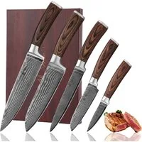 Wakoli Messer-Set Edib 5er Damastmesserset I Kochmesser Küchenmesser I 8 - 20cm Klingen (Damastmesser mit Geschenkbox, 5-tlg., 5er Damastmesser mit Holzbox), Aus 67 Lagen Damaststahl, VG10 Kern, Pakkaholzgriff, inkl. Holzbox