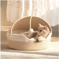 CheerPals Tierbett Geflochtene 2-in-1 Katzenhöhle & Katzenbett mit waschbarem Kissen, Vliesstoff/Polyester