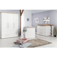 roba® Babyzimmer-Komplettset Nele - Kinderzimmer aus Holz mit edlen Fräsungen, (Set, Gitterbett, Wickelkommode & 3-türiger Drehtürenschrank), Zeitlose Optik in Weiß mit Dekor in Artisan Eiche