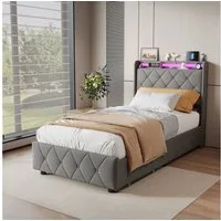 zebery Polsterbett Stauraumbett LED-Beleuchtung und Ladefunktion (mit Lattenrost), Einzelbett Kinderbett 90x200,2 Schubladen,Jugendbett USB&Type-C,Grau