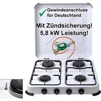 BlueCraft Gaskocher 4 flammig mit Zündsicherung 50mbar Propan Gas Campingkocher 5,8 kW, (mit Schlauch 100 cm und Gas Regler Druckminderer mit Manometer), Camping Gas Kocher 4 flammen für Gasflasche Gasherd Gas-Kochfeld