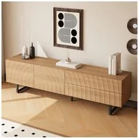 MODFU TV-Schrank Sideboard mit skulpturaler 3D-Textur & welliger Maserung (Packung, 1-St., 180x51,5x38 cm in Natural, 2 Türen, 2 Schubladen, Metallbeine) Heller Holzsockel unterstreicht das einzigartige Design