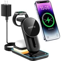 AGPTEK Ladegerät 4-in-1 Wireless Magsafe Nachtlicht iPhone iWatch AirPods Wireless Charger (4-in-1 Wireless Ladeset mit Schnellladegerät & Nachtlichtfunktion, Komplettset mit 4-in-1 Wireless Charger, 18W Netzteil & USB-C Kabel, 4-in-1 Schnellladen Sm