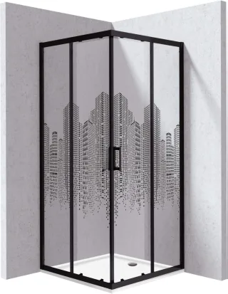 Neuesbad Set: Duschkabine NB1DEKYCND88P1 Schwarz City Dekor + Duschwanne NB1DEKTJ082B1 80x80 cm NB1DEKYCPND88P1