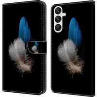 CLM-Tech Handytasche für Samsung Galaxy A36 5G Hülle aus PU-Leder Klapphülle (zwei Federn blau und weiß, Handyhülle mit Standfunktion - Wallet Flip Case inklusive Kartenfächer), Cover mit Magnetverschluss Samsung Galaxy A36 5G Schutzhülle