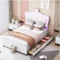 REDOM Polsterbett Bett Kinderbett Polsterbet Gästebett (Krone Mädchen Einzelbettgestell kunstleder mit Aufbewahrungsschubladen, LED-Leuchten, Lattenrost und Rückenlehne), Ohne Matratze
