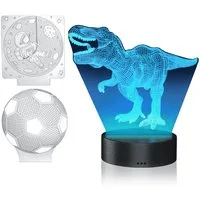 MyBeo LED Nachtlicht 3D Effekt Tischlampe für Kinder, Jungs & Mädchen, Nachtleuchte dimmbar, Dimmfunktion, Farbwechsel, mehrere Helligkeitsstufen, Nachtlichtfunktion, LED fest integriert, Farbwechsler, 3 Motive (Dino, Fußball, Mond), RGB Farbwechsel,
