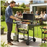 Outsunny Gasgrill inkl 9 KW 3 Edelstahl Brenner klappbar Seitentisch Gewürzhalter, Gas-Grill, BBQ Grillwagen, für Balkon Party