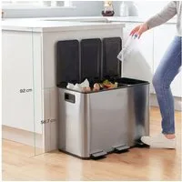 HOMCOM Mülltrennsystem Mülleimer Treteimer 3 Fächer inkl. Inneneimer, 61,9x36,6x43,2cm, Deodorant-Deckel, Edelstahl, Silber