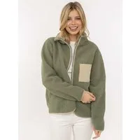 Zwillingsherz Bomberjacke "Classic" kuscheliges Teddy-Fleece, Kontrastdetails, Brutstasche, Stehkragen