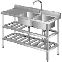 GarveeMore Küchenspüle Edelstahl Spültisch,Freistehende Küchenspüle 2 Becken, Gewerbliche Spülbecken Mit Wasserhahn Kalt Und Warmwasserschläuchen