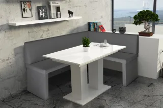 Eckbankgruppe 168x128 cm ROBIN L Grau / Esstisch DANTE Weiss HGL