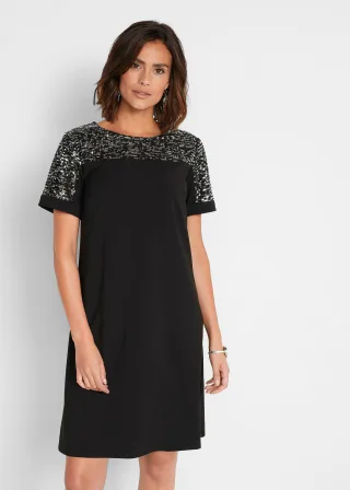 bonprix Kleid mit Pailetten-Einsatz, schwarz, Gr.44, elegantes Minikleid mit schmückenden Pailletten