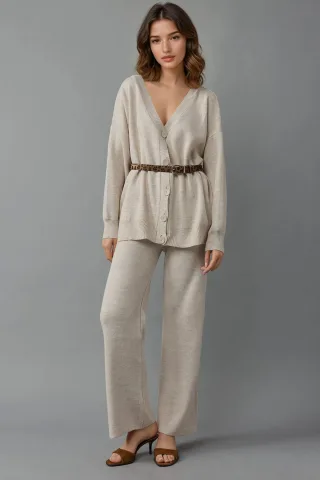 V-Ausschnitt Cardigan und Weitbeinige Hosen Strickset