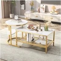 PXloue Couchtisch Satztisch Beistelltisch stapelbarer Sofatisch, mit Bodenschutz (Ideal für Wohnzimmer & Büro, Platzsparendes stapelbares Design), Marmormuster Beistelltisch mit Ablageboden,80x46x41cm+Ø52x51cm