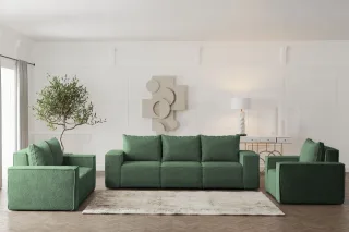 Sofaset Designersofa ESTELLE 3-2-1 mit Schlaffunktion Stoff Abriamo Grün
