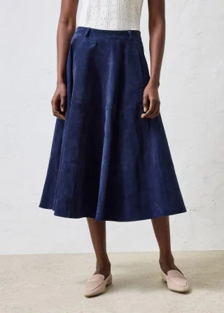 bonprix Midirock aus weichem Verloursleder, blau, Gr.48, eleganter Midirock aus schöner Premium-Qualität, aus Veloursleder