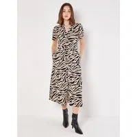 Apricot Midikleid Zebramuster Hemdblusenkleid (Stoffgürtel) mit Seitentaschen
