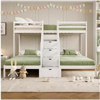 Flieks Etagenbett, Kinderbett Dreierbett 90x200cm mit Stauraumtreppe und Geländer