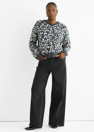 Grauer Strickpullover mit Tiermuster und lockerer Passform