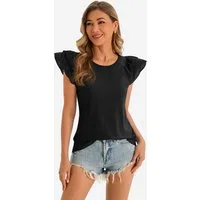 Imily Bela T-Shirt Damen Bluse mit Rüschen-Flügelärmeln (Packung, 1-tlg., 1per-Pack) Schultern überlappend