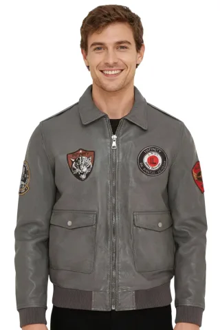 Graue Bomberjacke aus Leder für Herren G-1 mit Fliegerkragen - Hudson