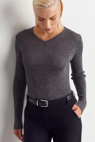 Damen Slim Fit V-Ausschnitt Rippenpullover