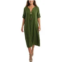 dy_mode Hemdblusenkleid Damen Leinenkleid Midi Hemdblusenkleid mit V-Ausschnitt Freizeitkleid in Unifarbe, V-Ausschnitt, mit seitlichen Eingriffstaschen