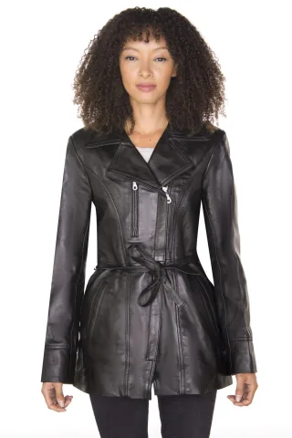 Lange Damen-Bikerjacke aus Leder – Muskat