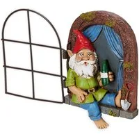 relaxdays Gartenfigur Trinkender Zwerg im Fenster