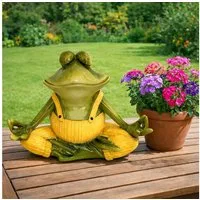 Online-Fuchs Gartenfigur für draußen - Yoga Frosch - Deko Figuren für Garten, Balkon & Terrasse, (gelbe oder orange Latzhose), aus langlebigem Kunstharz gefertigt, wetterfest - 19 oder 31,5 cm groß