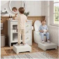 Flieks Waschtisch mit versteckter Fußstütze, LED-Beleuchtung, Glastür und 2 Schubladen (B80/T50/H87 cm, 1-St., bodenstehend, Badzimmerschrank & rechteckig Keramikbecken), Waschbeckenunterschrank inkl. Waschbecken mit ausziehbar Hocker Weiß