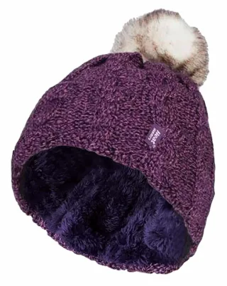 Wärmehalter - Damen Strickfleece gefütterte Thermo-Bommelmütze mit Pom Pom