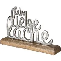 Levandeo® Deko-Schriftzug, Schriftzug Lebe Lache Liebe Metall Silber Mango Holz Aufsteller