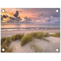 OnlyWow Poster für Garten Sonnenuntergang - Düne - Strand - Pflanzen - Meer, Gartenposter, Outdoor Bilder, Gartendekoration Bild, 40x30 cm