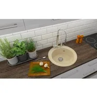 Faizee Möbel Granitspüle Granitspüle Küchenspüle mit Siphon und ausziehbar Armatur Beige, Rund