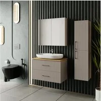 Karen Badmöbel-Set Badmöbel Set Liana, (Komplett-Set, Standartmäßig 4-Teilig (Unterschrank, Konsole, Waschbecken, Spiegelschrank), 3-St., Unterschrank mit Türen, Spiegelschrank mit Türen & Regalen), Pastellfarben, Riffeloptik, Bügelgriffe, Konsole, A