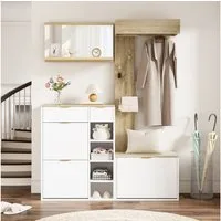 Merax Esszimmer-Set Flurmöbel Komplett 4-teilig mit, (1-St., Schuhschrank,SitzbankWandgarderobe, Spiegel), Garderobenständer Flur Möbel