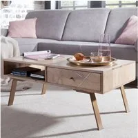 FINEBUY Couchtisch FB51025 Massivholz rechteckig 95cm Wohnzimmertisch Schublade (95x42x50cm Mango Massivholz / Metall Rechteckig), Sofatisch mit Schublade, moderner Wohnzimmertisch