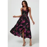 FS Collection Trägerkleid Damen Midikleid Sommerkleid Spaghettiträgerkleid Partykleid (XS (EU:36 / UK:8) · S (EU:38 / UK:10) · M (EU:40 / UK:12) · L (EU:42 / UK:14) · XL (EU:44 / UK:16) Twist-Detail vorne, Beinschlitz, Rückenbindeband, floraler Print