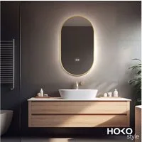 HOKO Badspiegel mit beleuchtung+Antifog, Oval Schwarz / Gold+45x75 /50x90 / 60x100 cm (Antifog + Licht Wechsel-Warmweiß - Kaltweiß - Neutral. Licht mit Touch Schalter und mit Wandschalter einschaltbar. Memory-Funktion.IP44, 4mm HD Glass.Farbtemperatu