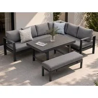 MeXo Gartenlounge-Set XXL Gartenmöbel Set Aluminium für 6-8 Personen, (Dining Loungeset Outdoor, 5-tlg., mit 12 cm dicken Sitzkissen, pflegeleichte Polywood-Tischplatte), wetterfeste Ecklounge mit Esstisch