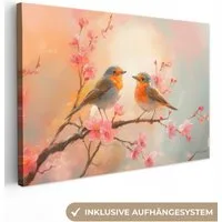 OneMillionCanvasses® Leinwandbild Rotkehlchen - Zierpflanze - Blütenzweig, Fotodruck (1 St), Leinwand Bilder Klein, Wand Dekoration Aesthetic 30x20 cm