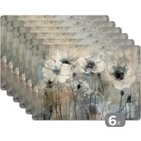 MuchoWow Platzset Blumen - Pflanzen - Grau - Abstrakt, (6-St), Platzsets, Tischset, Abwaschbar, Tischsets, Platzdeckchen
